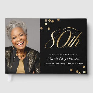 Elegant Custom Photo Black and Gold 80th Birthday Guest Book
