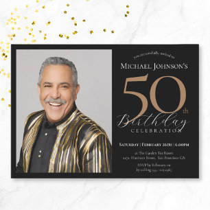 Elegant Custom Photo Black Gold 50th Birthday Invitation