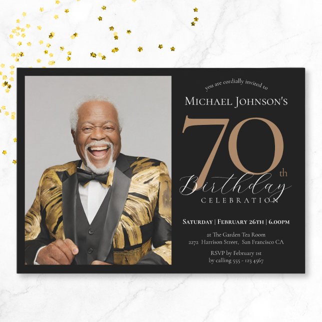 Elegant Custom Photo Black Gold 70th Birthday Invitation (Elegant Custom Photo Black Gold 70th Birthday Invitation)