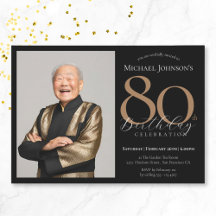 Elegant Custom Photo Black Gold 80th Birthday