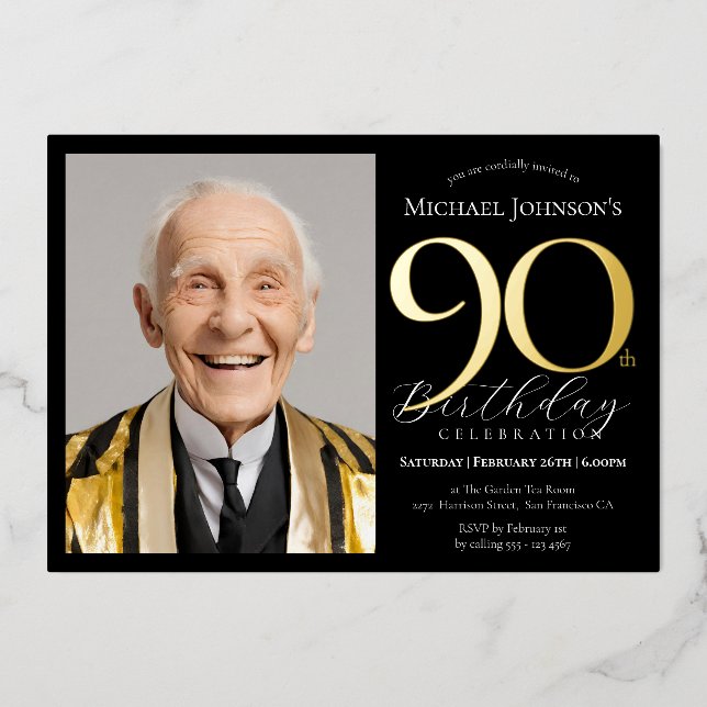 Elegant Custom Photo Black Gold 90th Birthday (Front)