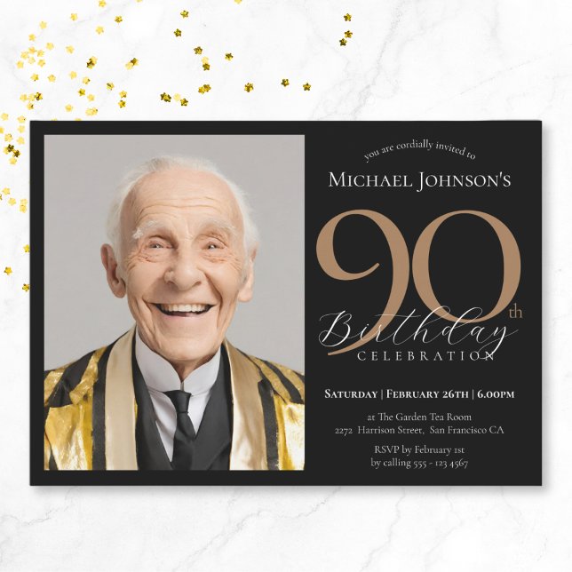 Elegant Custom Photo Black Gold 90th Birthday Invitation (Elegant Custom Photo Black Gold 90th Birthday Invitation)