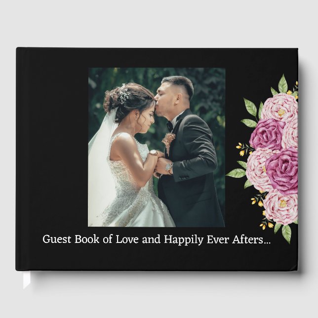 Elegant Custom Photo Black Wedding  Guest Book (Front)