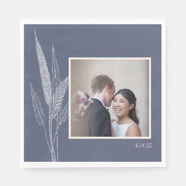 Elegant Custom Photo Blue Botanical Garden Wedding Napkin (Front)