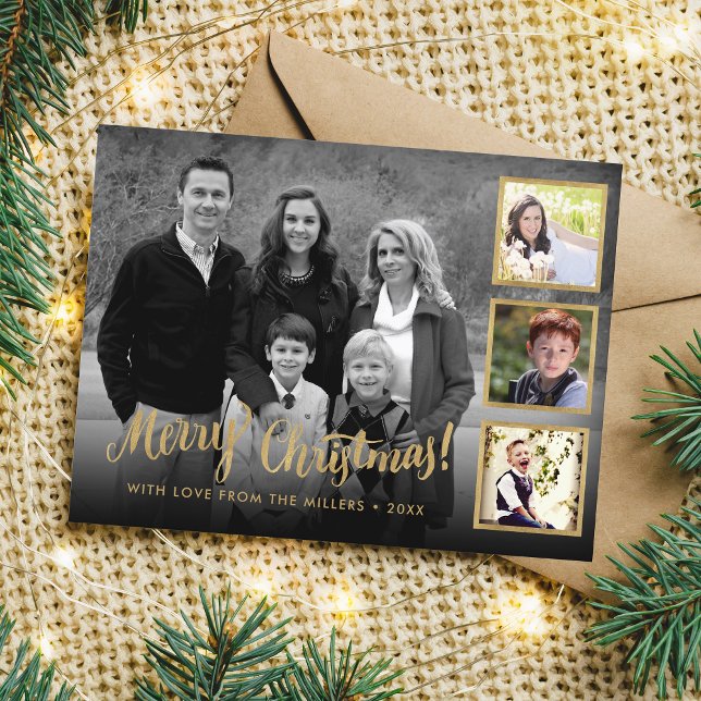 Elegant Custom Photo Collage Gold Merry Christmas Holiday Postcard (Creator Uploaded)