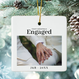 Elegant Custom Photo First Christmas Engaged White Ceramic Ornament