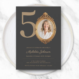 Elegant Custom Photo Gold 50th Birthday Invitation