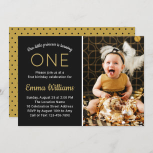 Elegant Custom Photo Gold Black First 1st Birthday Invitation