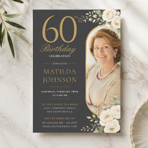 Elegant Custom Photo Gold Floral 60th Birthday Invitation