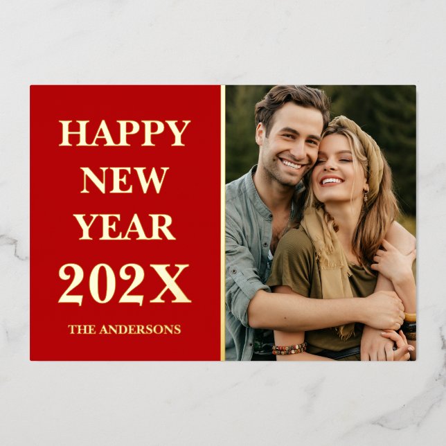 Elegant Custom Photo Happy New Year 2026 Red Gold Foil Holiday Card (Front)