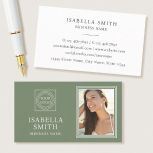 Elegant Custom Photo Logo Professional Sage Green Business Card