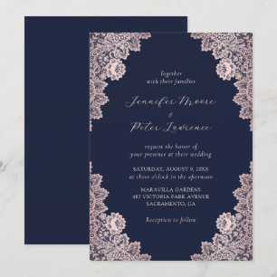 Elegant Custom Rose Gold and Navy Blue Wedding Invitation