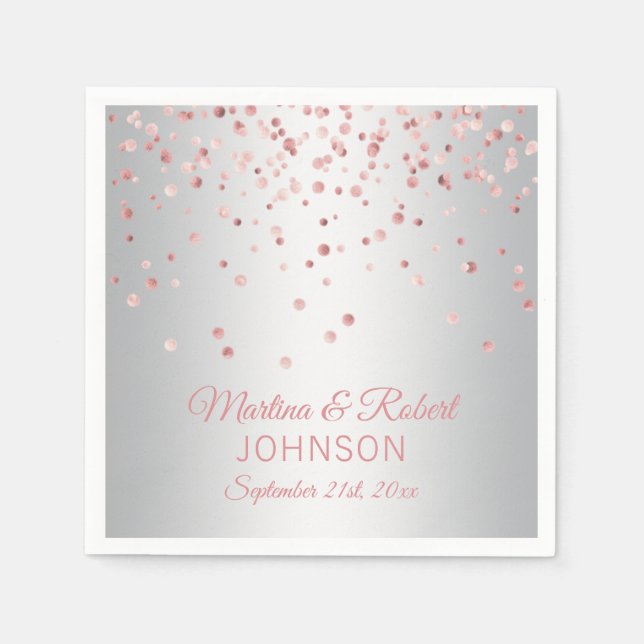 Elegant Custom Rose Gold Confetti & Grey Wedding Napkin (Front)