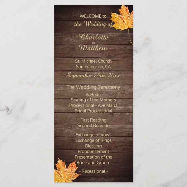 Elegant Custom Rustic Maple Leaf Wedding Programs Programme (Front)