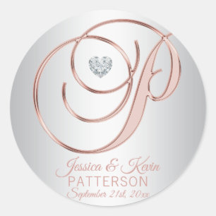 Elegant Custom Silver Grey Rose Gold Wedding Classic Round Sticker