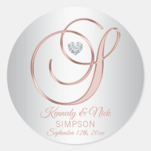 Elegant Custom Silver Grey Rose Gold Wedding Classic Round Sticker