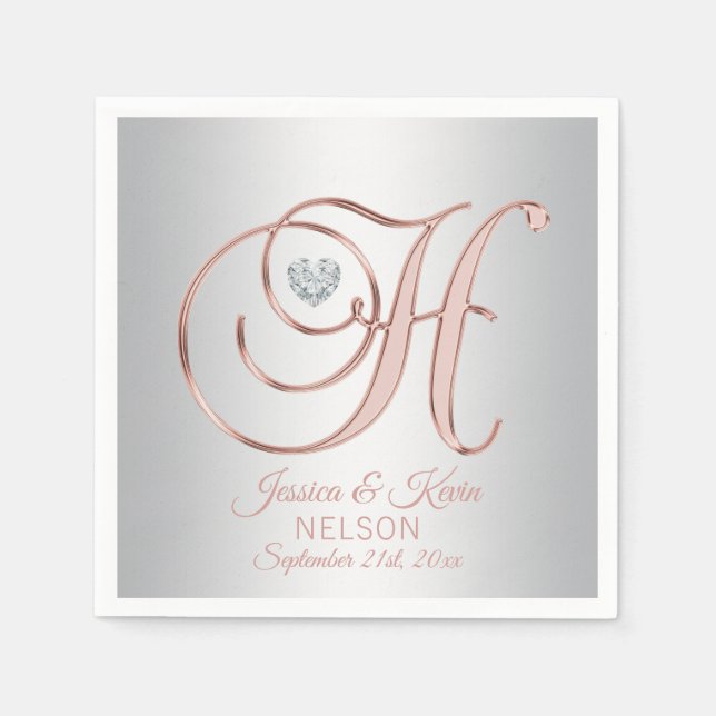 Elegant Custom Silver Grey Rose Gold Wedding | H Napkin (Front)