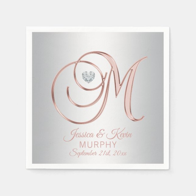 Elegant Custom Silver Grey Rose Gold Wedding Napkin (Front)