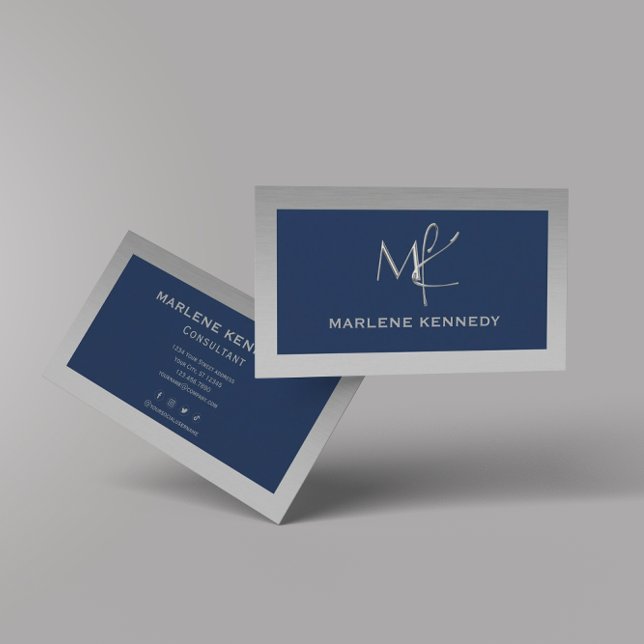 Elegant Custom Silver Monogram Navy Blue Business Card (Creator Uploaded)