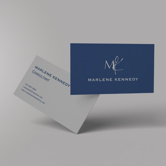 Elegant Custom Silver Monogram Navy Blue Business  Card (Creator Uploaded)