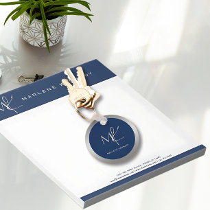 Elegant Custom Silver Monogram Navy Blue Employee Key Ring