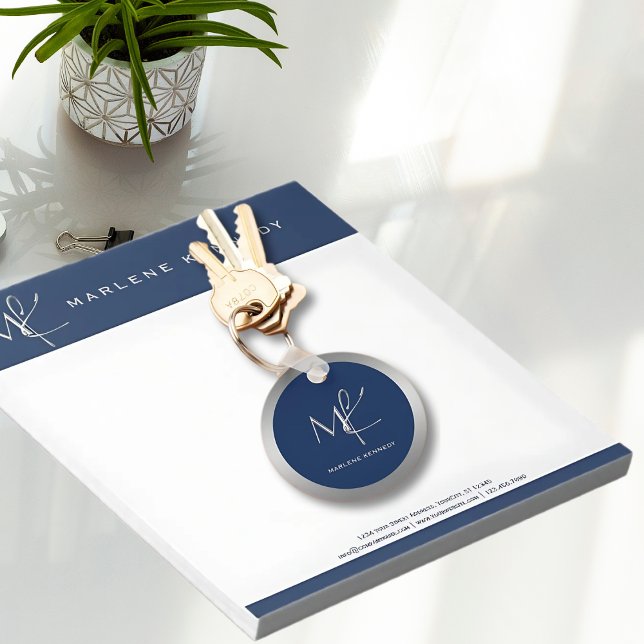 Elegant Custom Silver Monogram Navy Blue Employee Key Ring (Creator Uploaded)