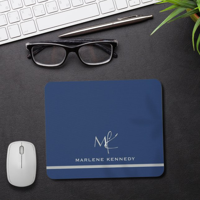 Elegant Custom Silver Monogram Navy Blue  Mouse Mat (Creator Uploaded)