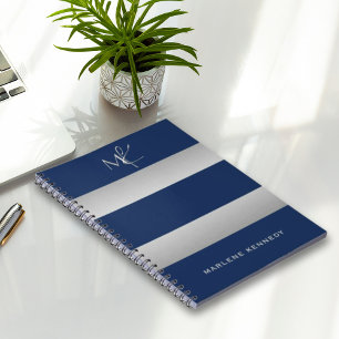 Elegant Custom Silver Monogram Navy Blue Notebook