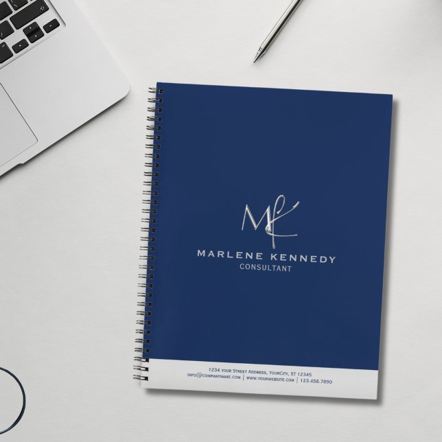 Elegant Custom Silver Monogram Navy Blue  Notebook (Creator Uploaded)