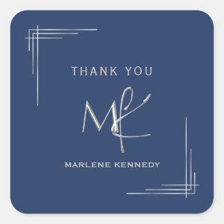 Elegant Custom Silver Monogram Navy Blue  Square Sticker