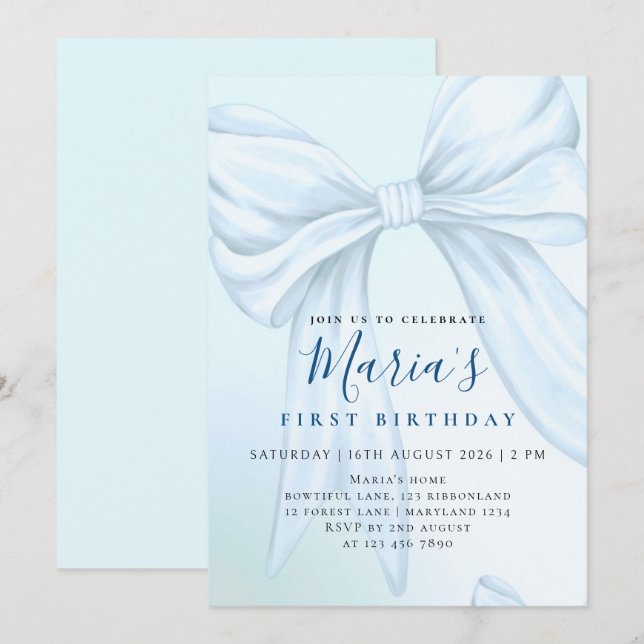 Elegant Custom Sky Blue Bow First Birthday Invitation (Front/Back)