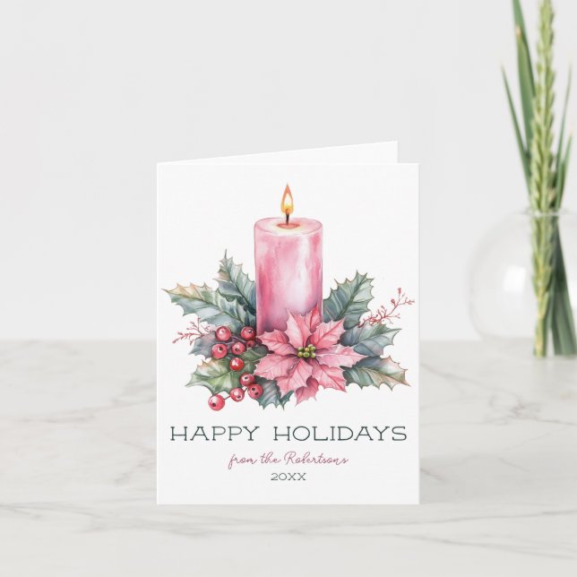 Elegant CUSTOM Watercolor Christmas Candle Holiday Card (Front)