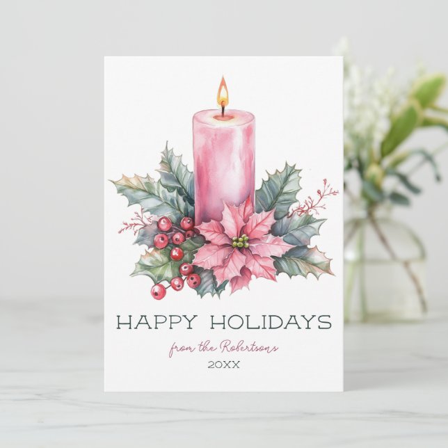 Elegant CUSTOM Watercolor Christmas Candle Holiday Card (Standing Front)
