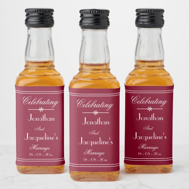 Elegant Custom Wedding Names Burgundy Mini Liquor Bottle Label (Bottles)