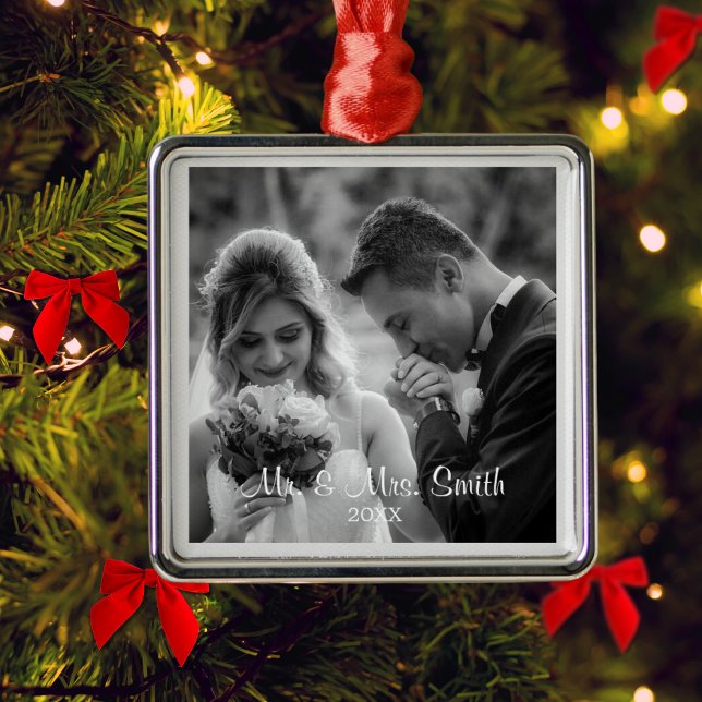 Elegant custom wedding photo gift metal ornament (Classy Couples Wedding Family Christmas Ornament )