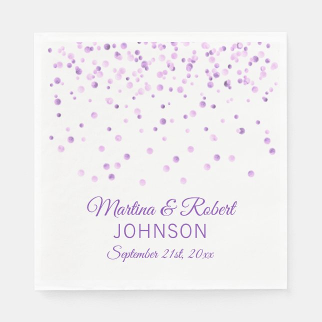 Elegant Custom White Purple Gold Confetti Wedding Napkin (Front)