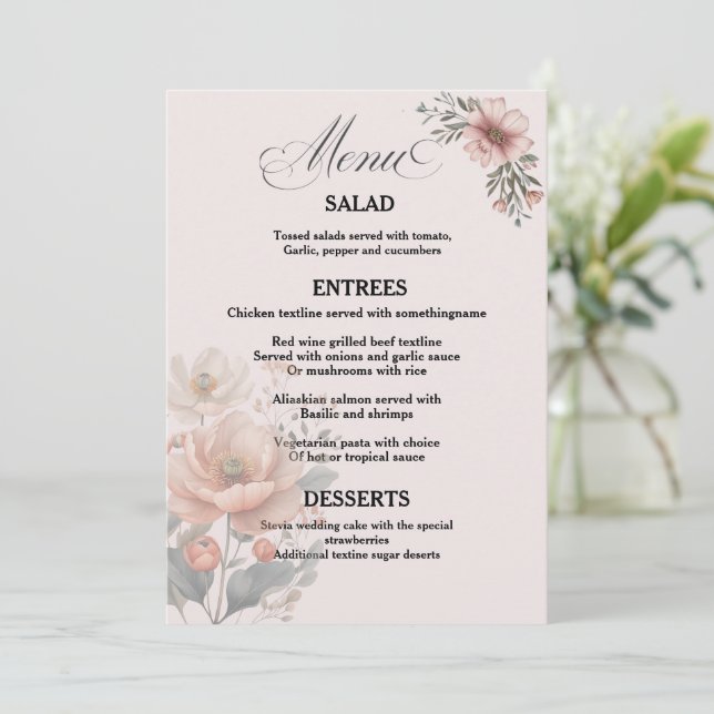 Elegant Customisable Floral Wedding Menu Card (Standing Front)
