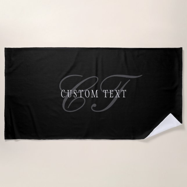Elegant Customisable Monogram | Black Grey White Beach Towel (Front)