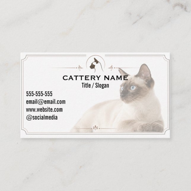 Elegant Customisable Siamese Cattery  Business Card (Front)