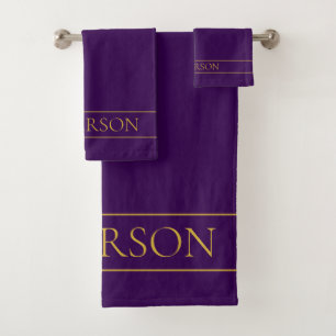 Elegant Customisable Text   Gold & Deep Purple Bath Towel Set