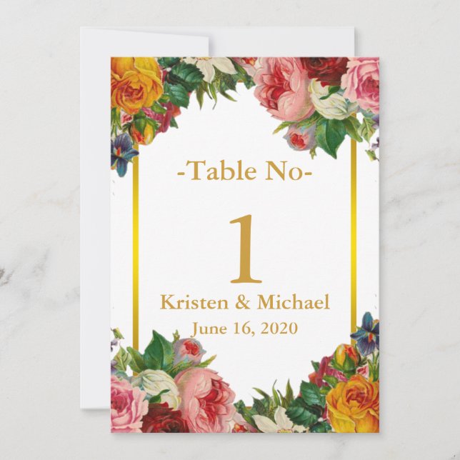 Elegant Customise Floral Gold Wedding Table Number (Front)