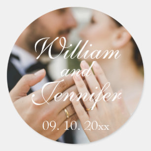 Elegant Customise Photo, Name, and Date Monogram  Classic Round Sticker