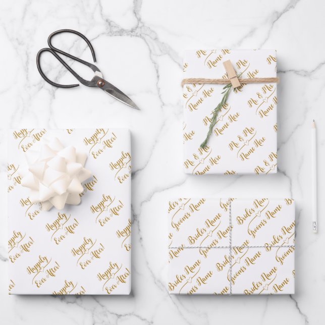 Elegant Customised Wedding Bride Groom Gold White Wrapping Paper Sheet (Front)