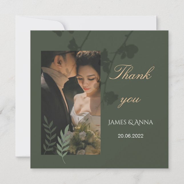 Elegant customizable olive green wedding  thank you card (Front)