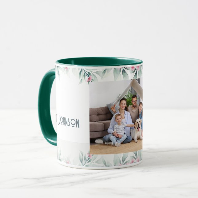 ELEGANT CUSTOMIZED FLORAL FRAME FAMILY PICTURE MUG (Front Left)