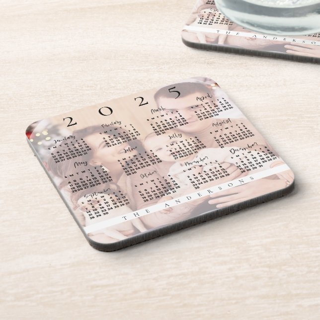 Elegant Cute 2025 Calendar Family Photo Name Coaster (Left Side)