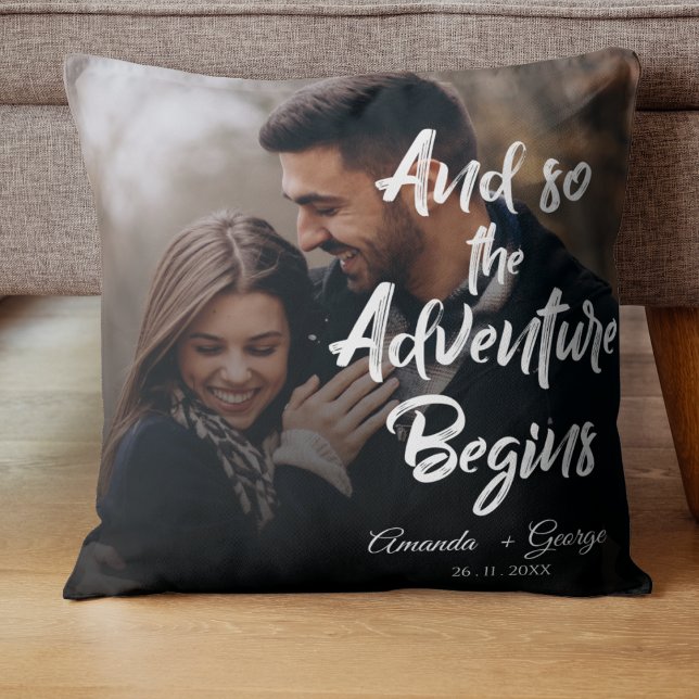 Elegant Cute ADVENTURE BEGINS Quote Photo Wedding Cushion (Elegant Cute ADVENTURE BEGINS Quote Photo Wedding Throw Pillow)
