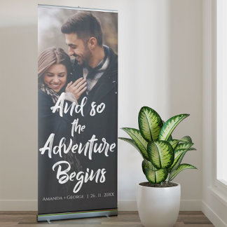 Elegant Cute ADVENTURE BEGINS Quote Photo Wedding Retractable Banner