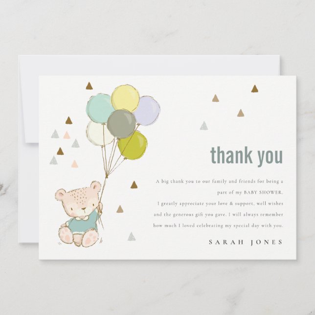 Elegant Cute Aqua Bearly Wait Balloon Baby Shower Thank You Card (Front)