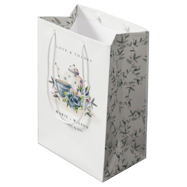 Elegant Cute Aqua Blue Floral Teapot Cup Wedding Medium Gift Bag (Back Angled)